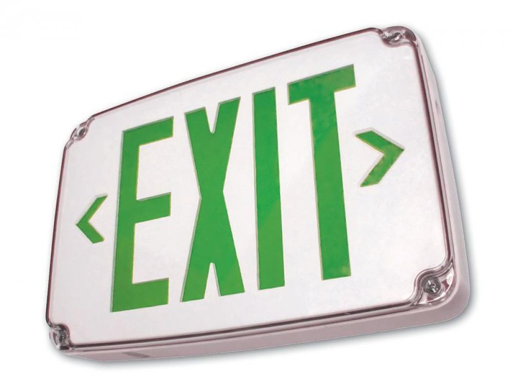 WET LOCATION LED EXIT SIGN SINGLE FACE, GREEN LETTERS, GRAY PANEL