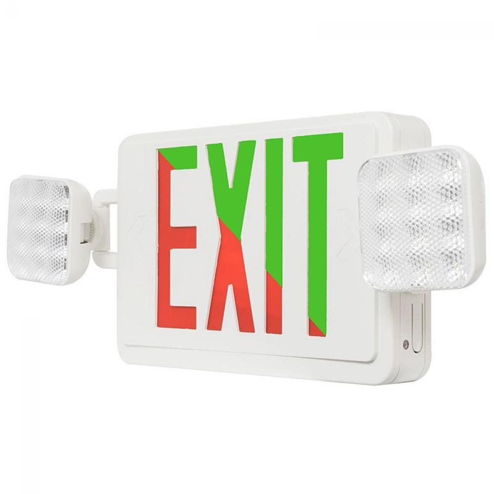 COMBO EMERGENCY LIGHT EXIT SIGN BI-COLOR RED/GRN, DEFAULT TO RED, 120/277V - RECMOTE CAP. 2 HEADS