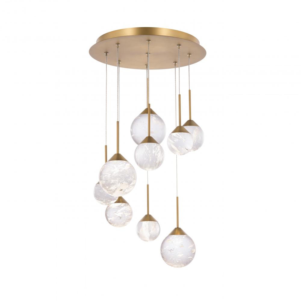 Quest 9 Light LED 3000K/3500K/4000K 120V-277V Multi-Light Pendant in Aged Brass with Clear Radianc