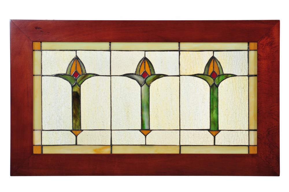 24" Wide X 14" High Arts & Crafts Bud Trio Wood Frame Stained Glass Window