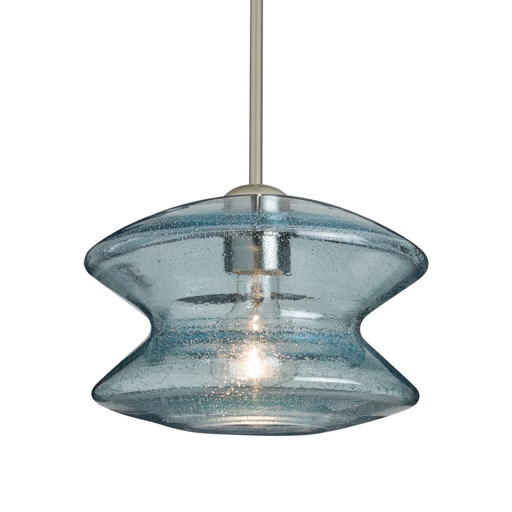 Besa, Zen Stem Pendant , Blue Bubble, Satin Nickel Finish, 1x60W Medium Base, 15Ft. C