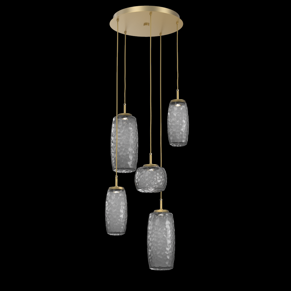 Vessel 5pc Round Multi-Pendant-Gilded Brass-Smoke Blown Glass-Cloth Braided Cord-LED 2700K