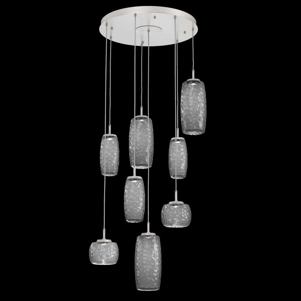 Vessel 8pc Round Multi-Pendant-Beige Silver-Smoke Blown Glass-Cloth Braided Cord-LED 2700K