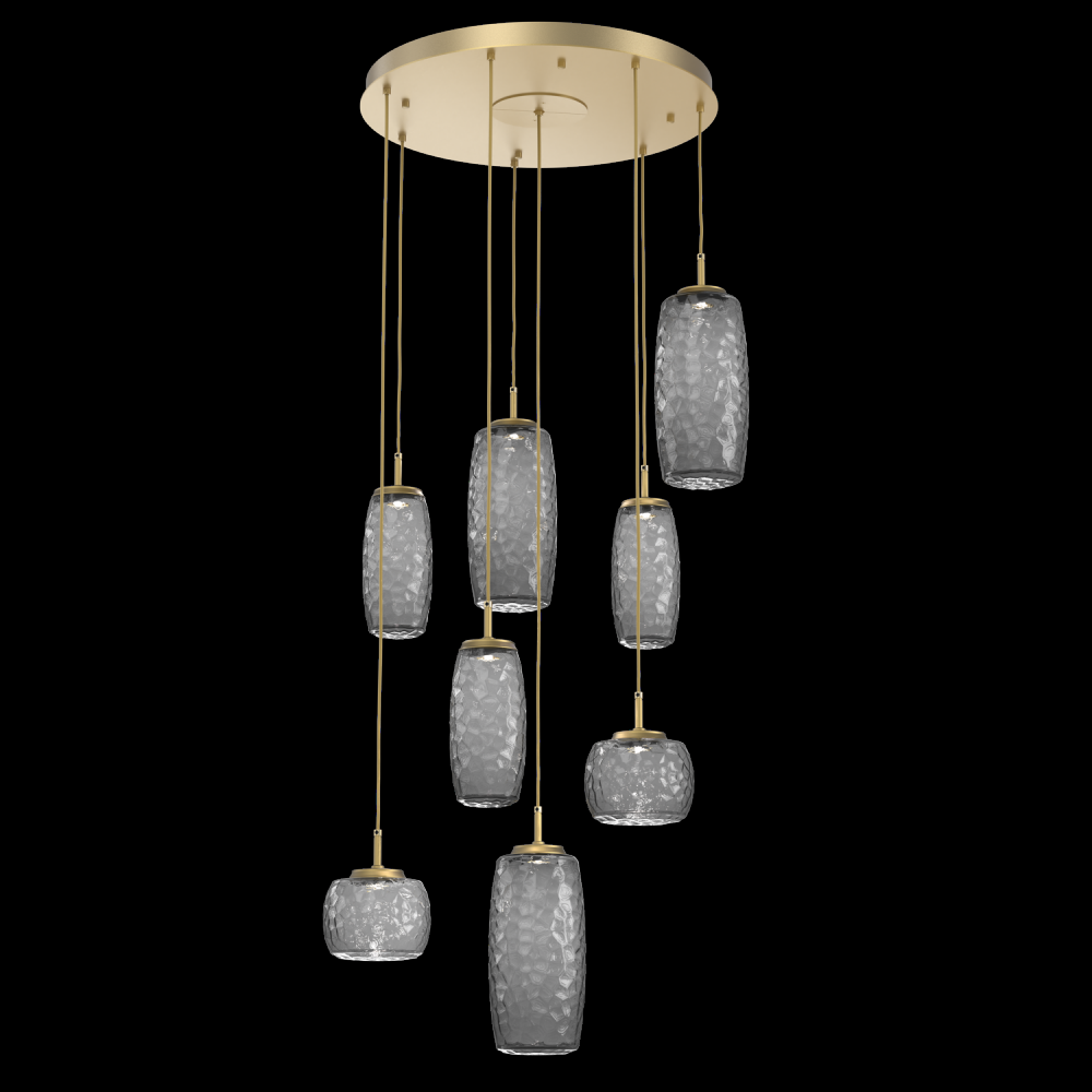 Vessel 8pc Round Multi-Pendant-Gilded Brass-Smoke Blown Glass-Cloth Braided Cord-LED 3000K