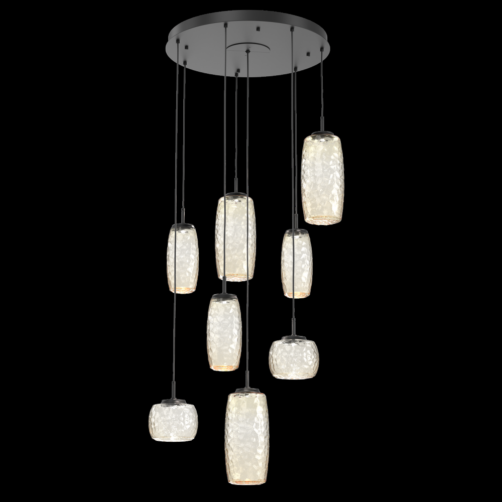 Vessel 8pc Round Multi-Pendant-Matte Black-Amber Blown Glass-Cloth Braided Cord-LED 2700K