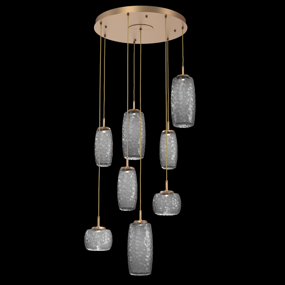 Vessel 8pc Round Multi-Pendant-Novel Brass-Smoke Blown Glass-Cloth Braided Cord-LED 3000K