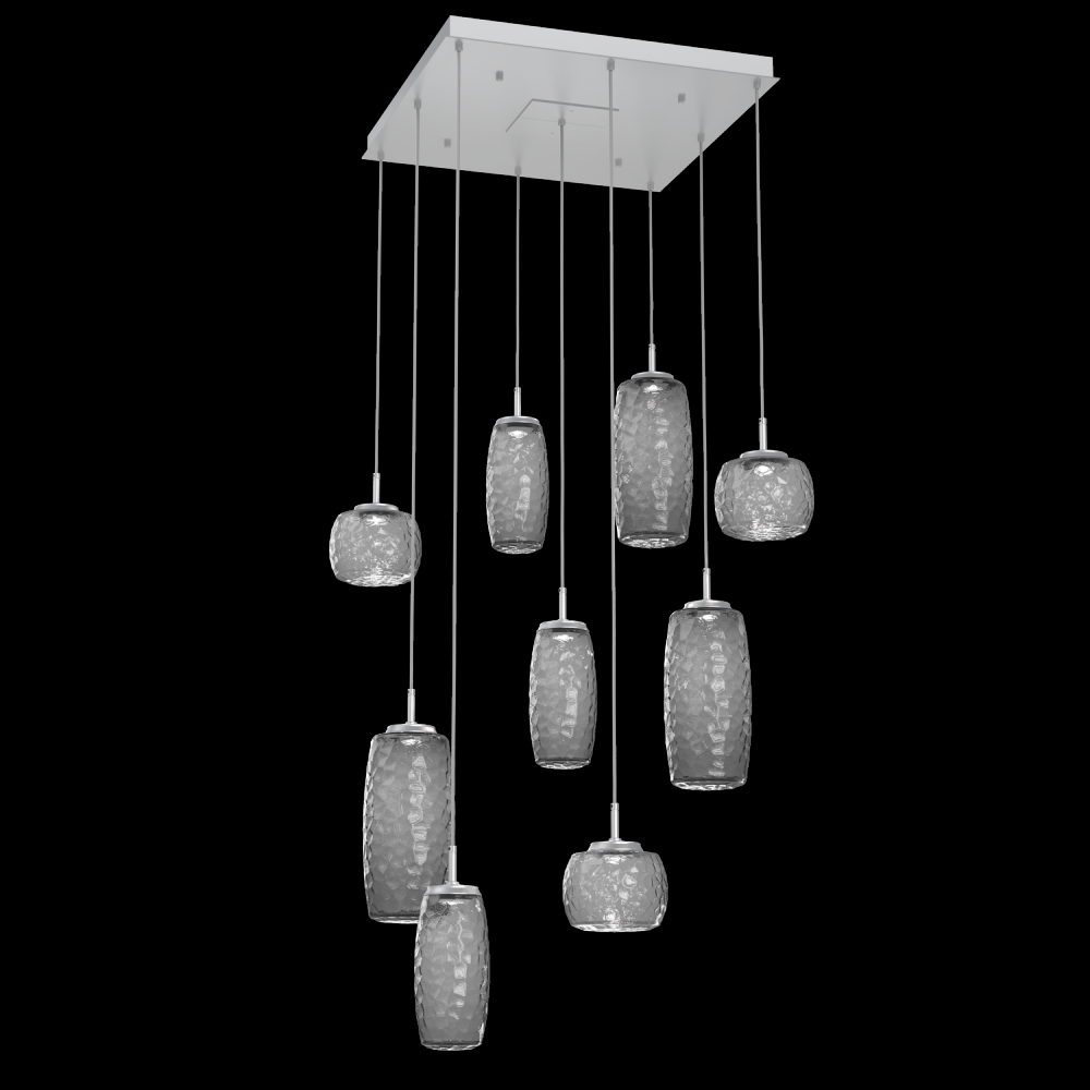 Vessel 9pc Square Multi-Pendant-Classic Silver-Smoke Blown Glass-Cloth Braided Cord-LED 2700K