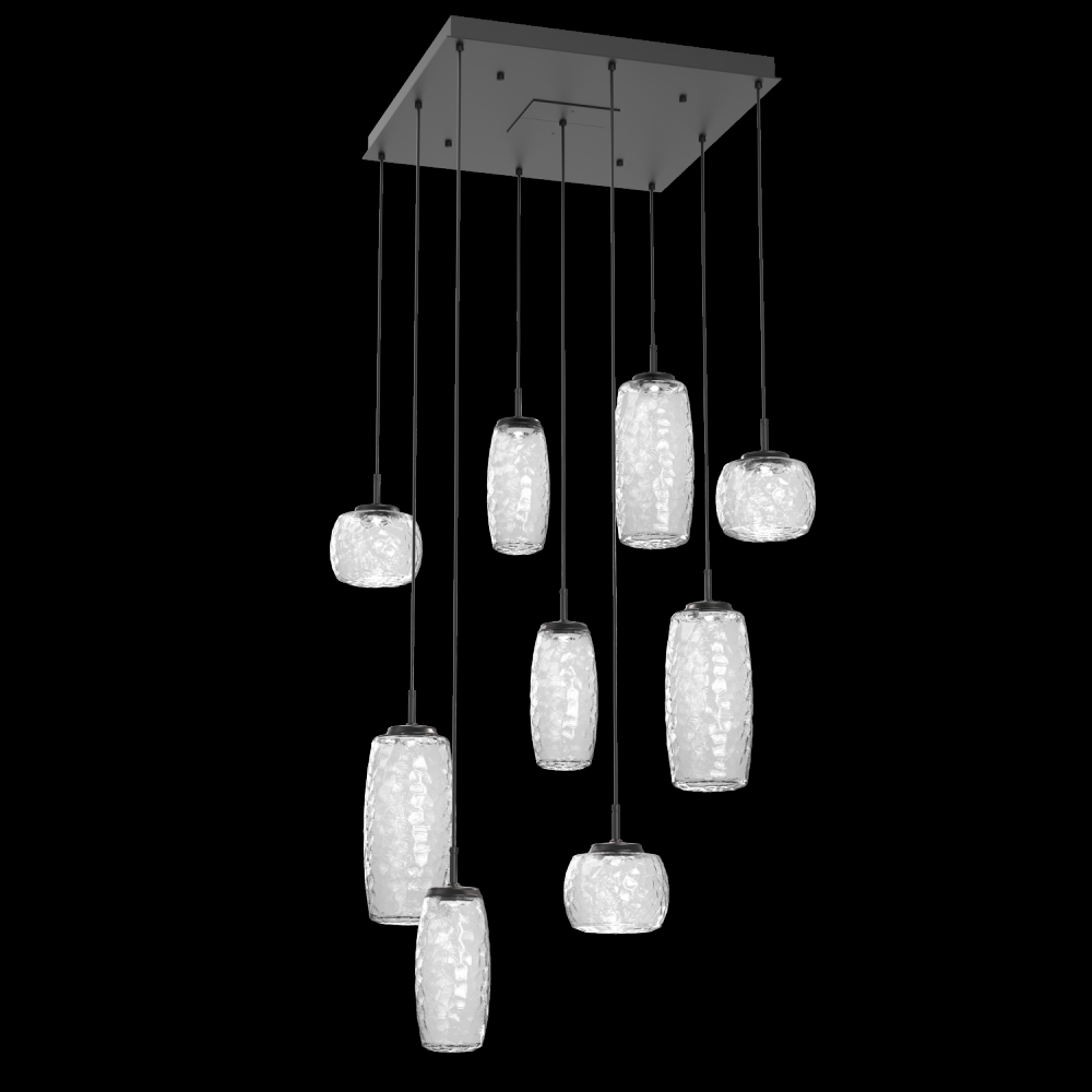 Vessel 9pc Square Multi-Pendant-Matte Black-Clear Blown Glass-Cloth Braided Cord-LED 2700K