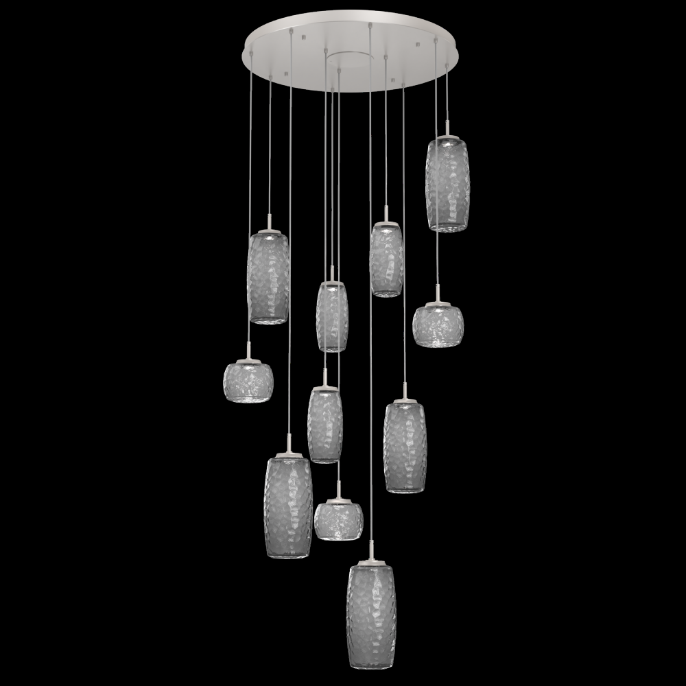 Vessel 11pc Round Multi-Pendant-Beige Silver-Smoke Blown Glass-Cloth Braided Cord-LED 3000K