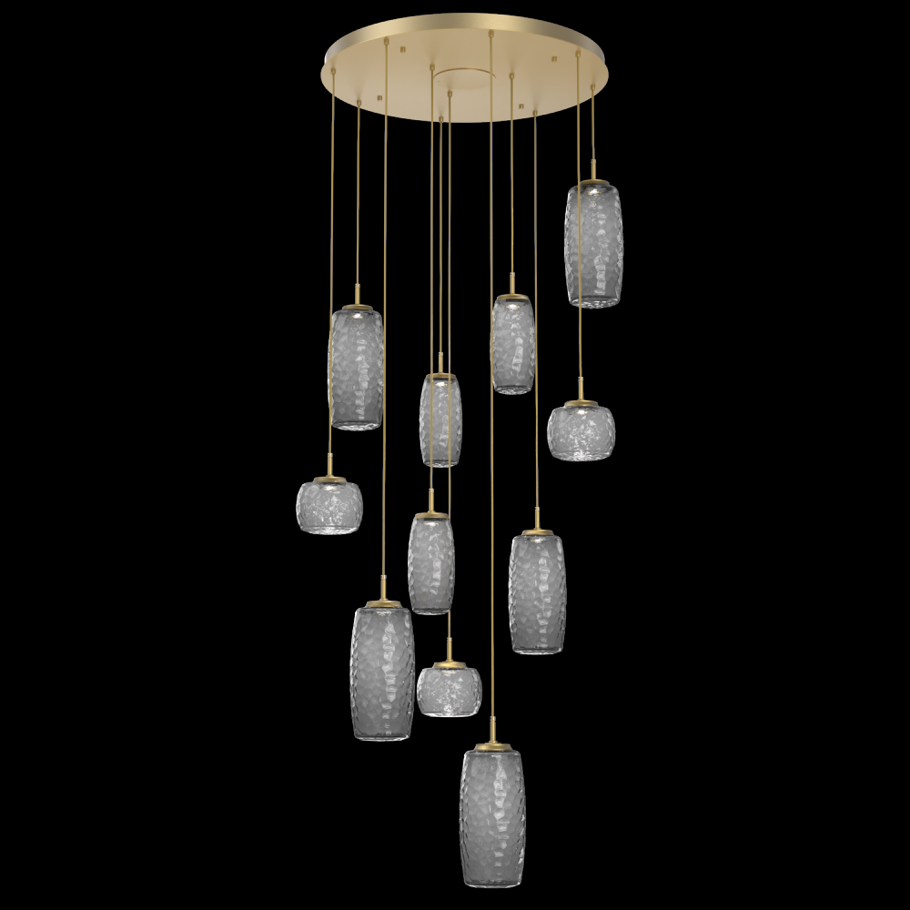 Vessel 11pc Round Multi-Pendant-Gilded Brass-Smoke Blown Glass-Cloth Braided Cord-LED 3000K