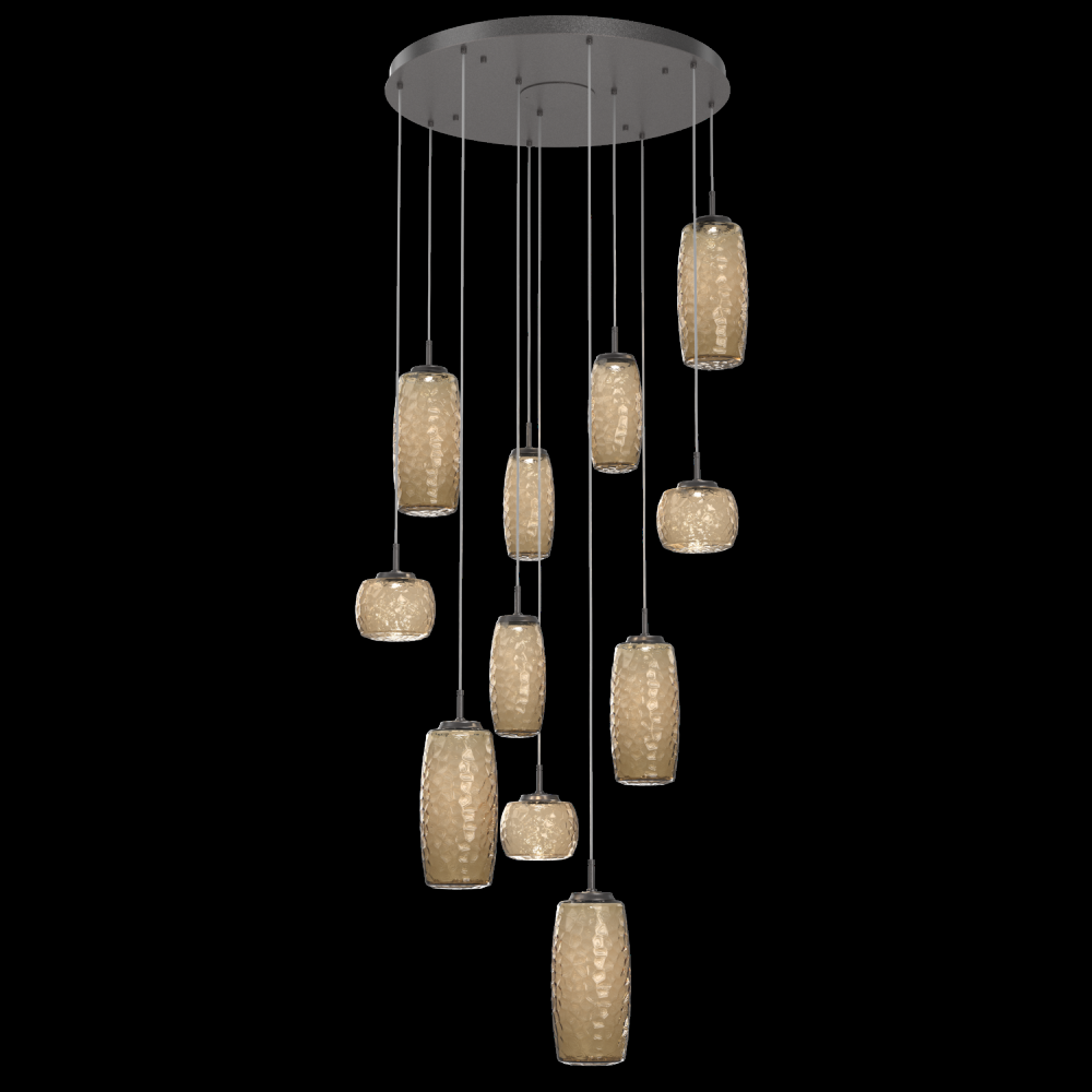 Vessel 11pc Round Multi-Pendant-Graphite-Bronze Blown Glass-Cloth Braided Cord-LED 3000K