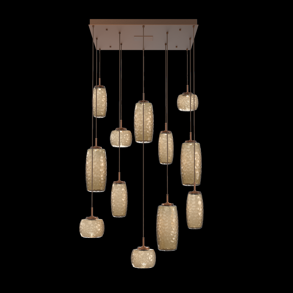 Vessel 12pc Square Multi-Pendant-Burnished Bronze-Bronze Blown Glass-Cloth Braided Cord-LED 3000K