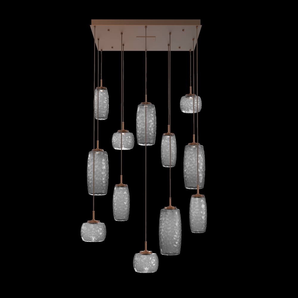 Vessel 12pc Square Multi-Pendant-Burnished Bronze-Smoke Blown Glass-Cloth Braided Cord-LED 2700K