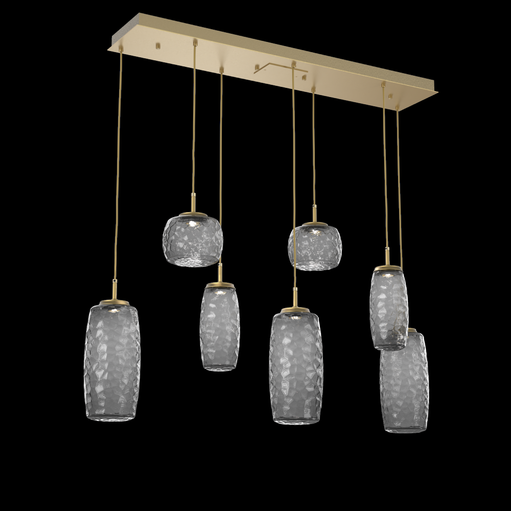 Vessel 7pc Linear Multi-Pendant-Gilded Brass-Smoke Blown Glass-Cloth Braided Cord-LED 2700K