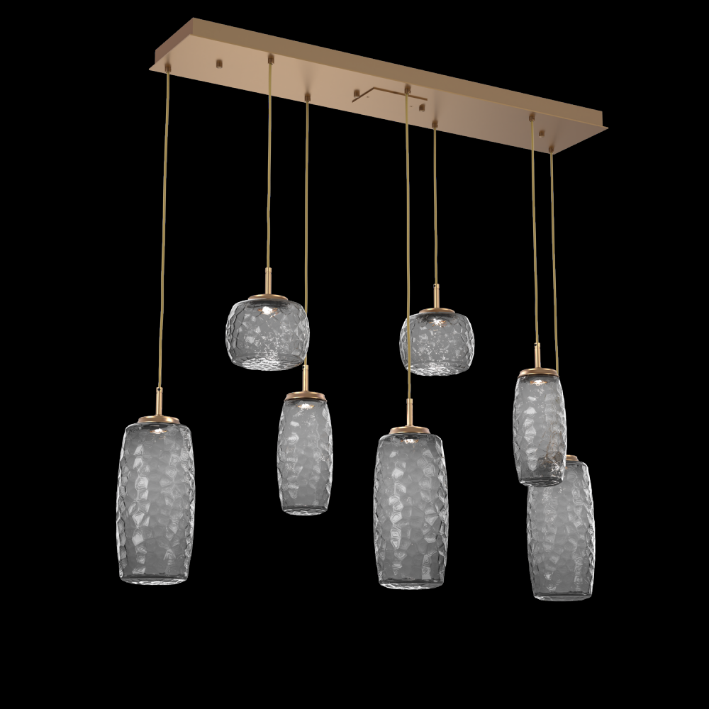 Vessel 7pc Linear Multi-Pendant-Novel Brass-Smoke Blown Glass-Cloth Braided Cord-LED 2700K