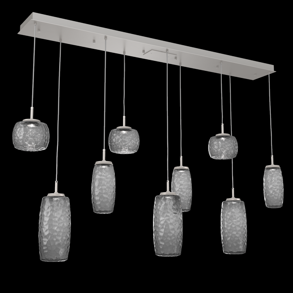 Vessel 9pc Linear Multi-Pendant-Beige Silver-Smoke Blown Glass-Cloth Braided Cord-LED 2700K