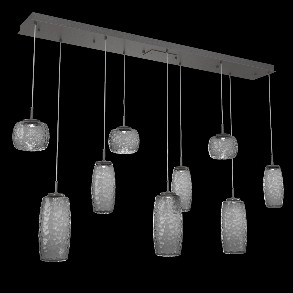 Vessel 9pc Linear Multi-Pendant-Graphite-Smoke Blown Glass-Cloth Braided Cord-LED 3000K