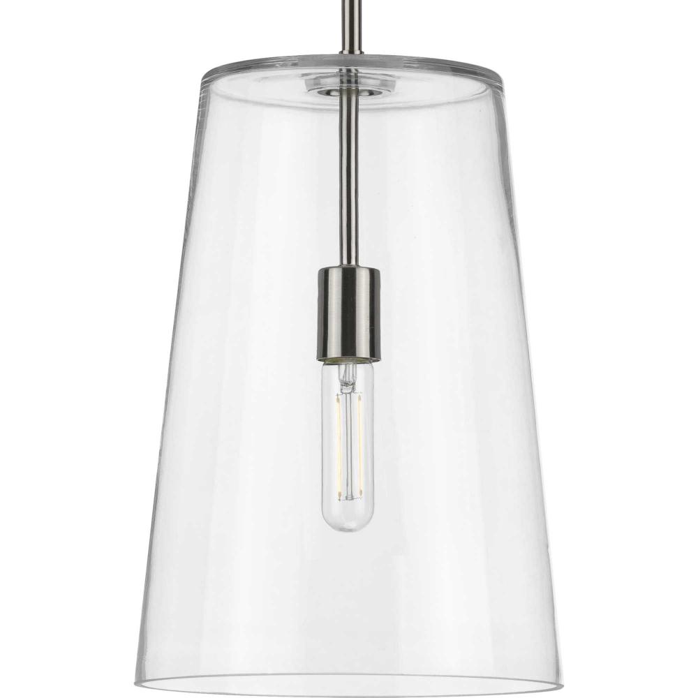 Clarion Collection One-Light Brushed Nickel Clear Glass Transitional Pendant