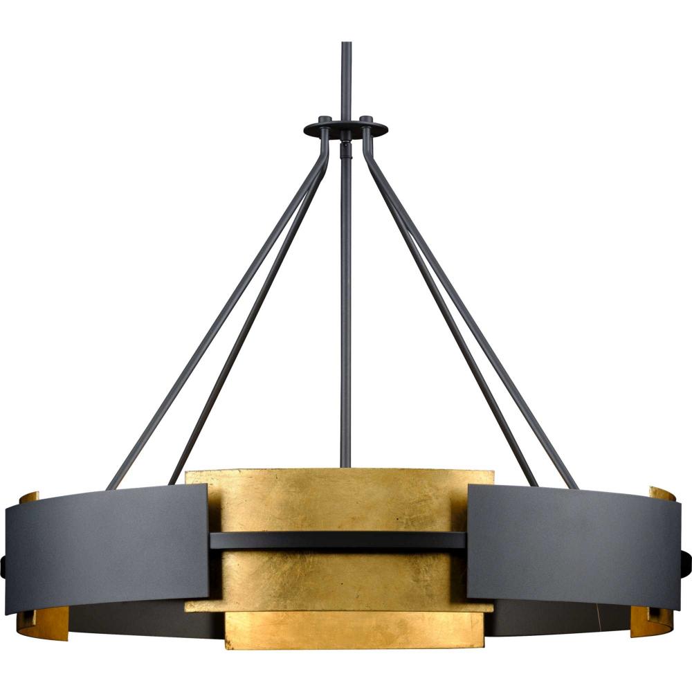 Lowery Collection Six-Light Textured Black Industrial Luxe Hanging Pendant Light with Distressed Gol