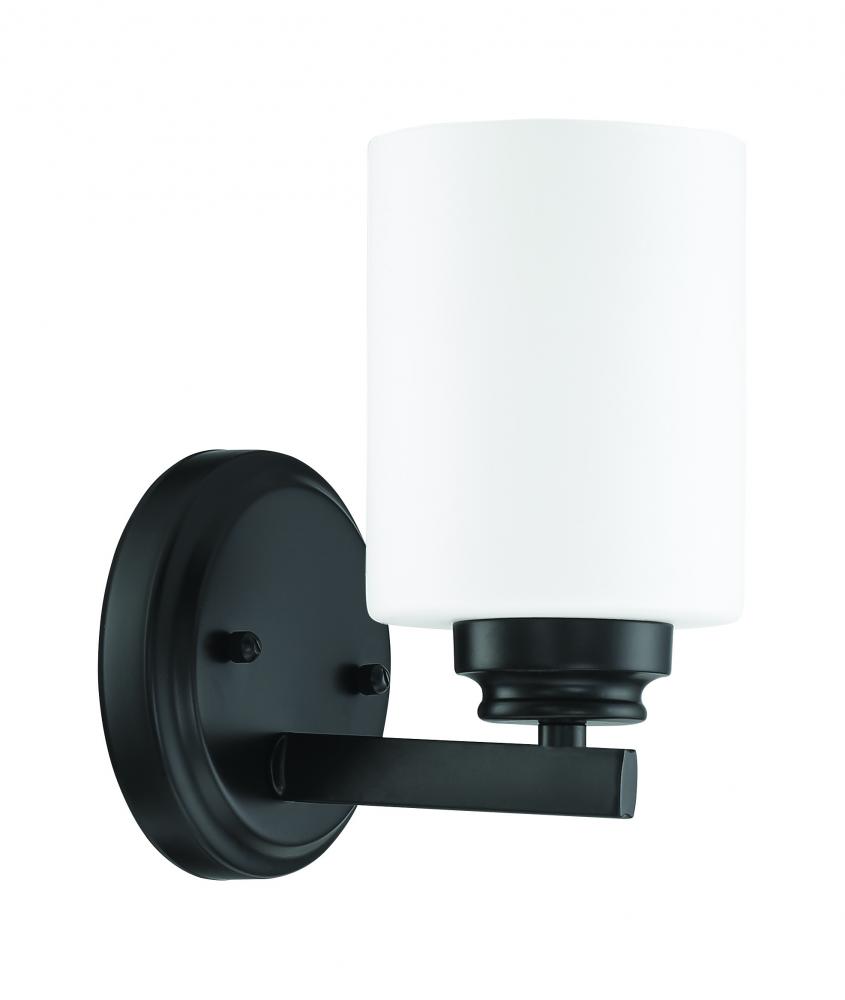 Bolden 1 Light Vanity in Flat Black (White Glass)