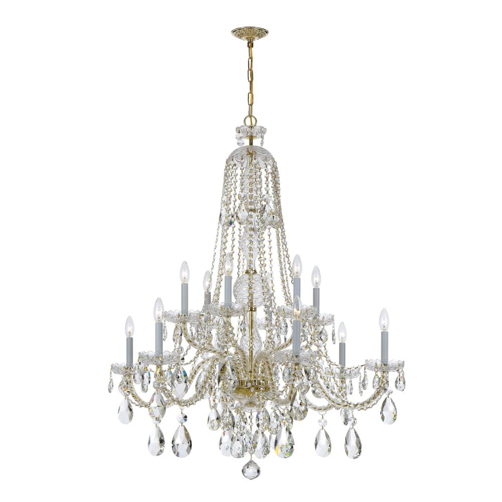 Traditional Crystal 12 Light Hand Cut Crystal Polished Brass Chandelier