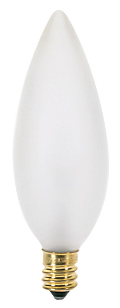 15 Watt BA9 1/2 Incandescent; Frost; 1500 Average rated hours; 114 Lumens; Candelabra base; 120 Volt