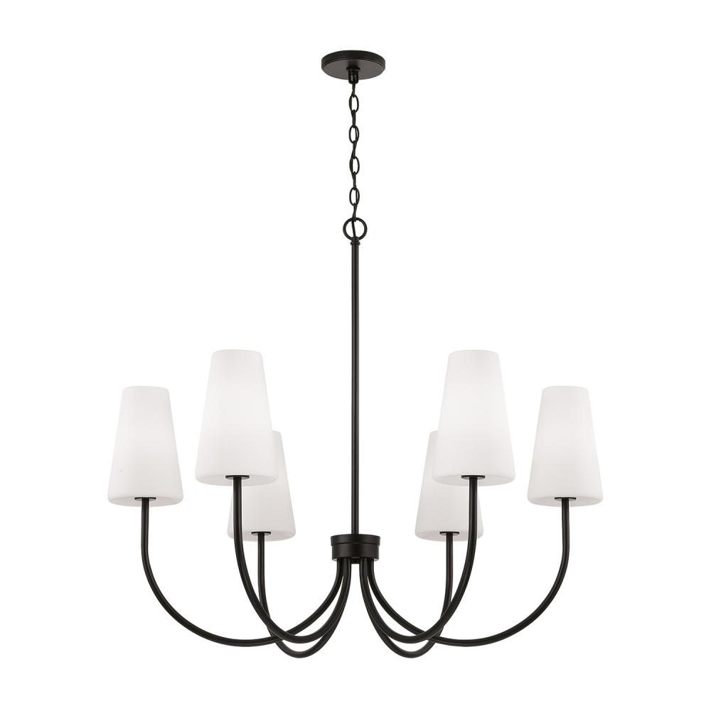 6-Light Transitional Chandelier in Matte Black with Tapered Soft White Glass