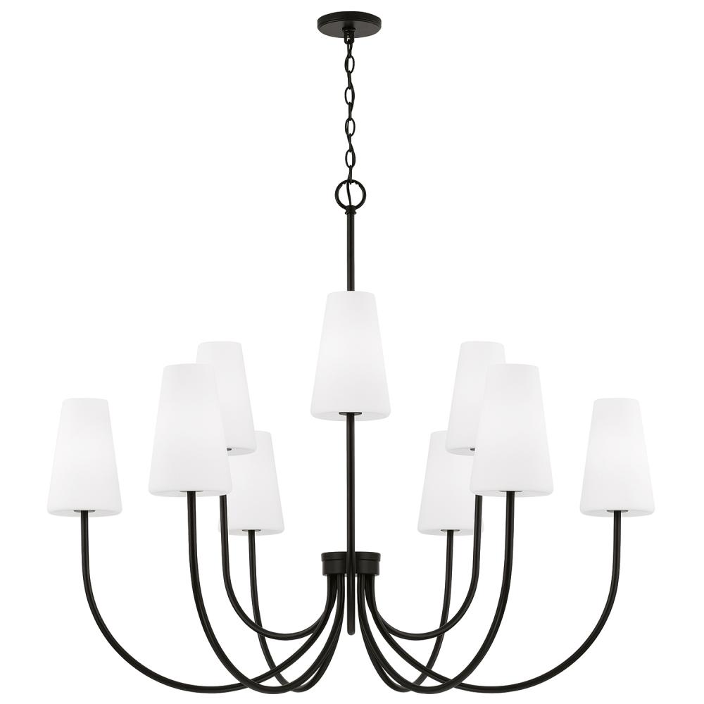 9-Light Two-Tier Chandelier in Matte Black with Tapered Soft White Glass