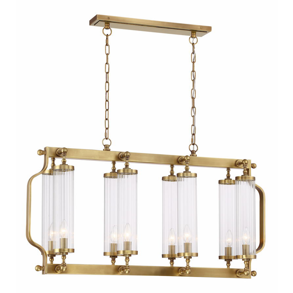 8-Light 40" Linear Aged Brass Fluted Glass Chandelier