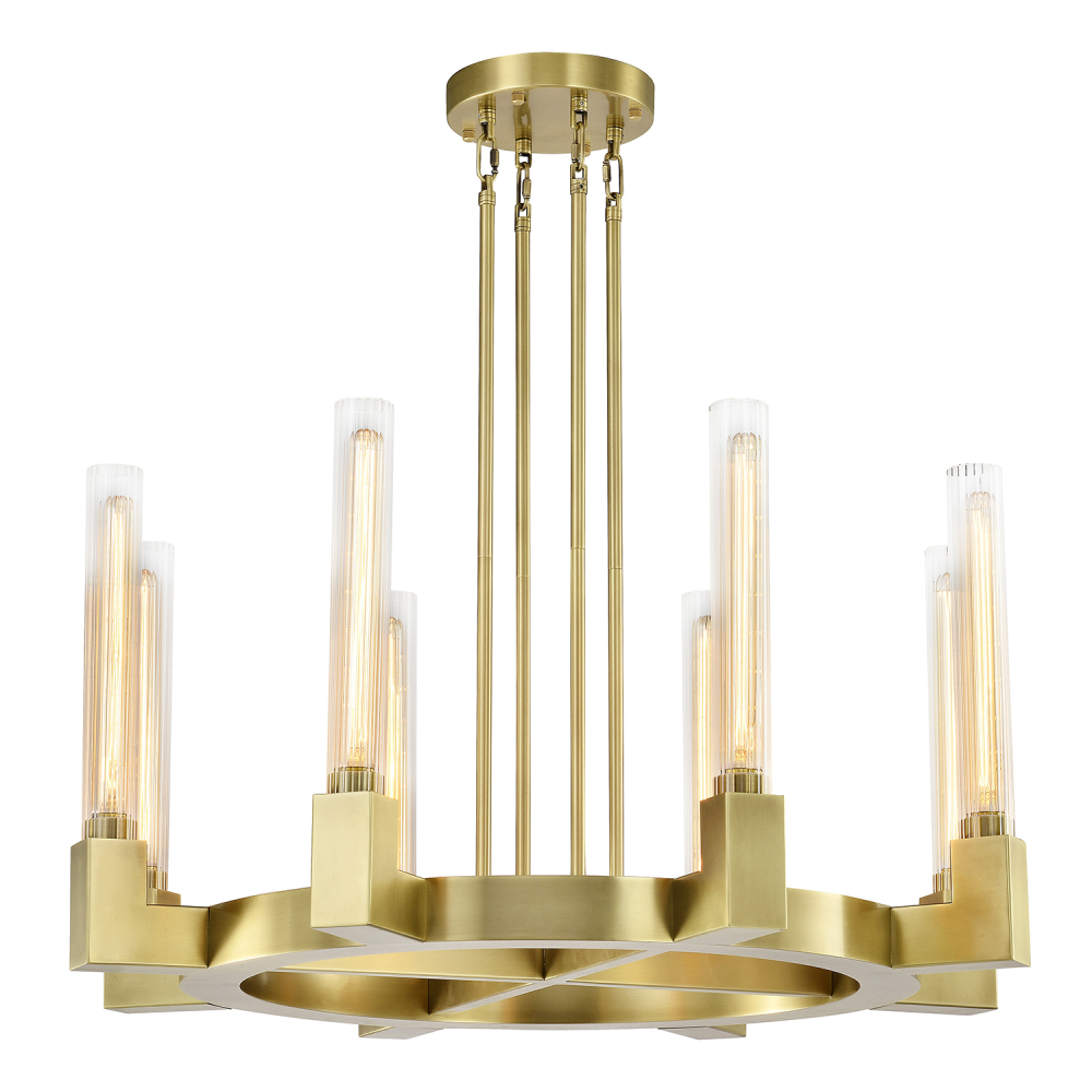 8-Light 32" Aged Brass Wheel Styled Glass Chandelier