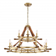 Zeev Lighting CD10162-12-AGB - 12-Light 38" Nautical 2-Tier Leather & Real Wood Candle Chandelier