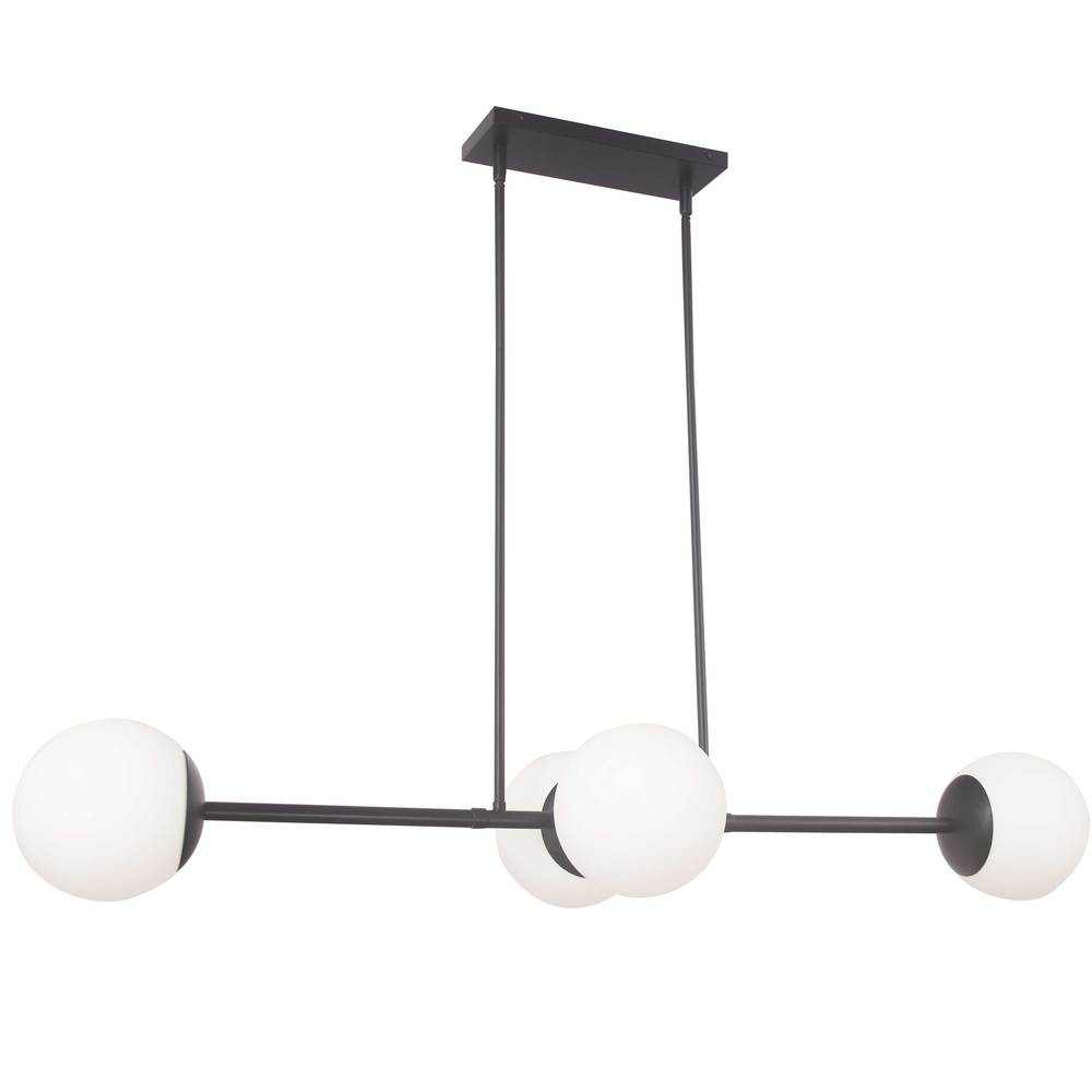 4 Light Halogen Horizontal Pendant, Matte Black w/ White Opal Glass