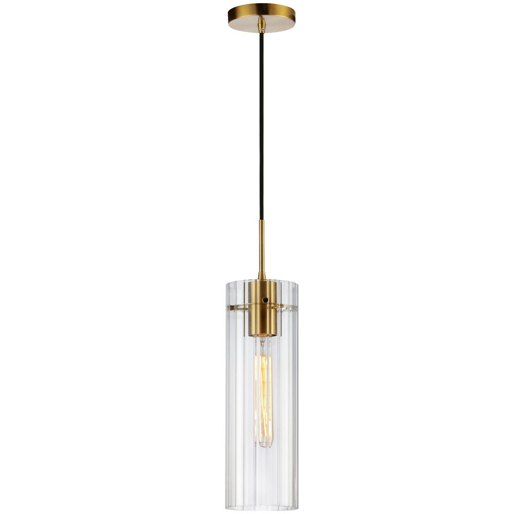 1 Light Incand Pendant, Aged Brass w/ Clear Fluted Glass