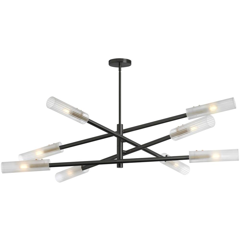 8 Light Incandescent Wand Pendant Matte Black & Aged Brass w/ Frosted Glass