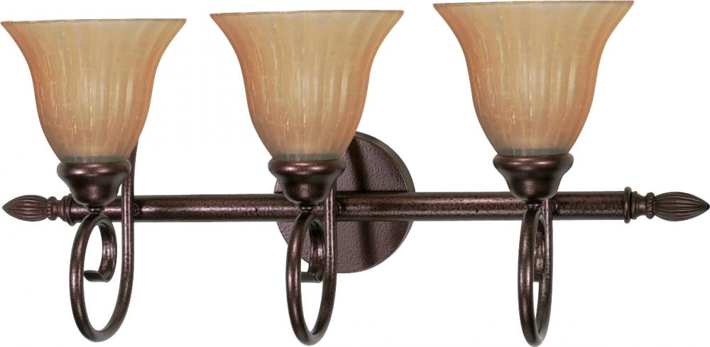 3-Light 25" Copper Bronze Vanity Light Fixture with Champagne Linen Washed Glass