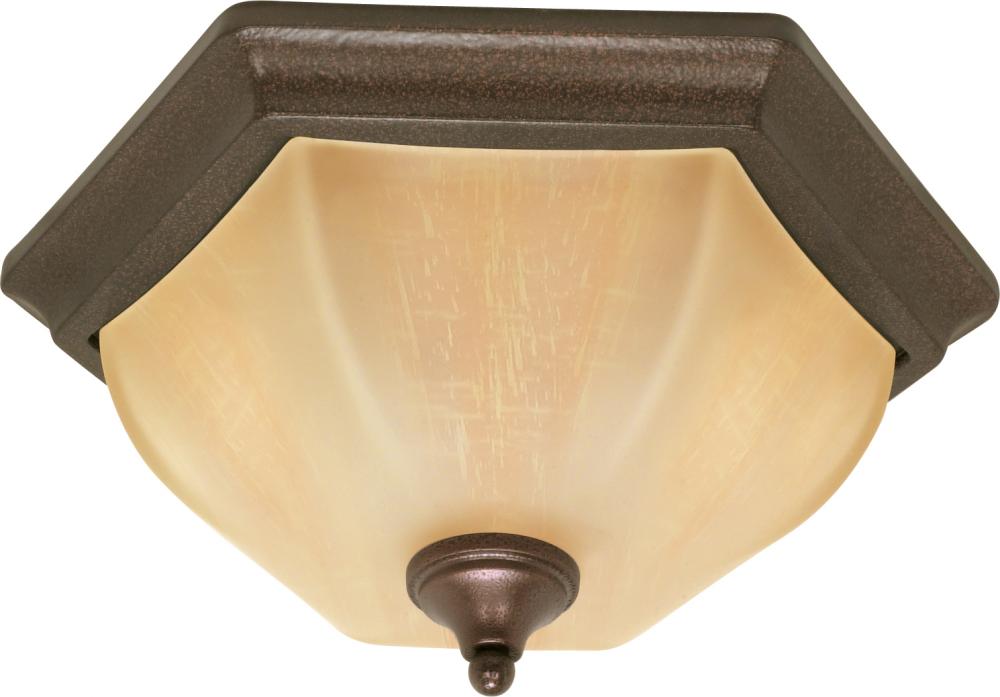 2-Light 16" Copper Bronze Flush Ceiling Light Fixture with Champagne Washed Linen Glass