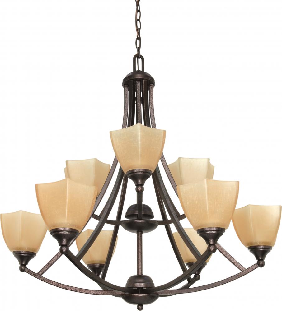 9-Light 32" Copper Bronze Chandelier with Champagne Washed Linen Glass