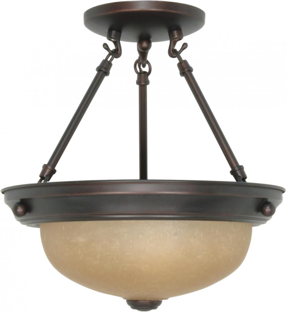 2-Light Small Dome Semi Flush Ceiling Light Fixture in Mahogany Bronze Finish with Champagne Linen