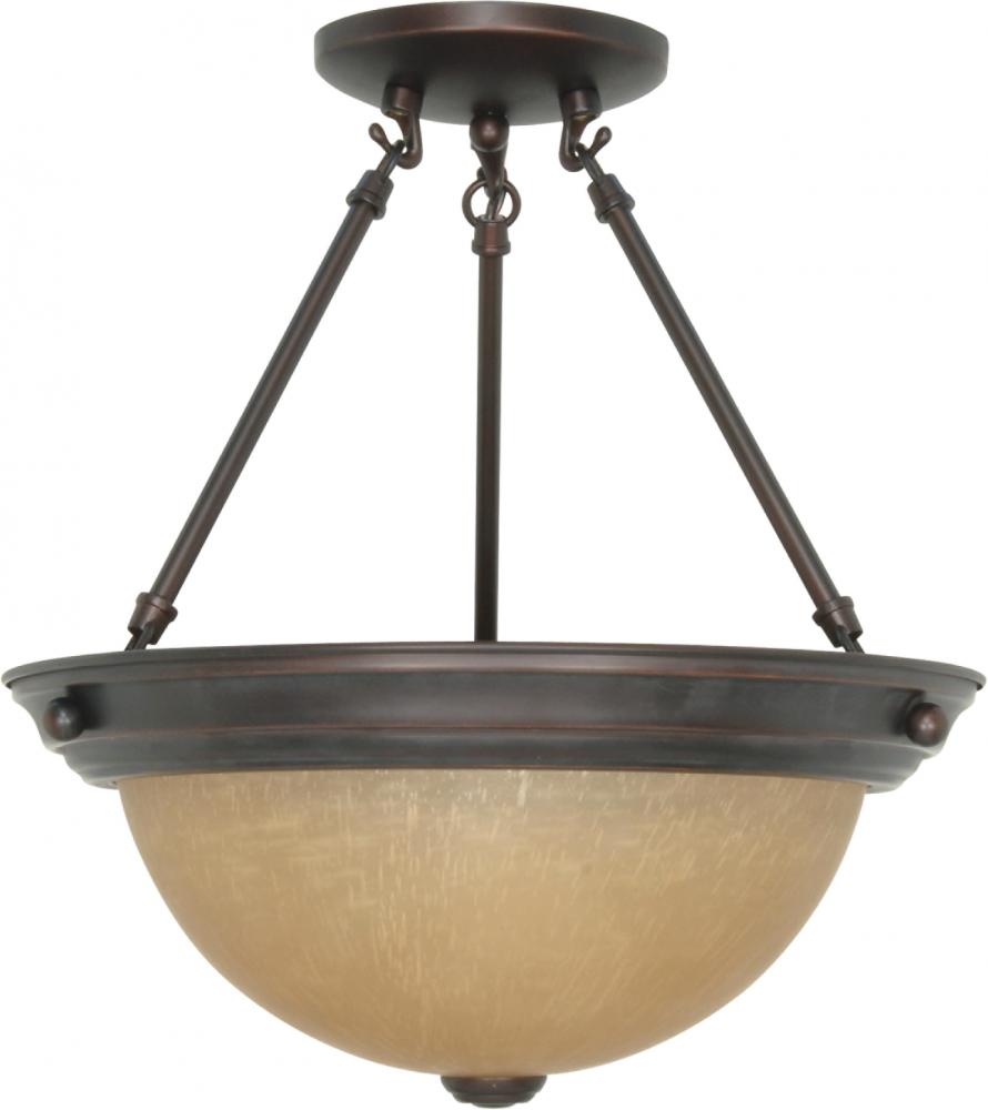 2-Light Medium Dome Semi Flush Ceiling Light Fixture in Mahogany Bronze Finish with Champagne Linen