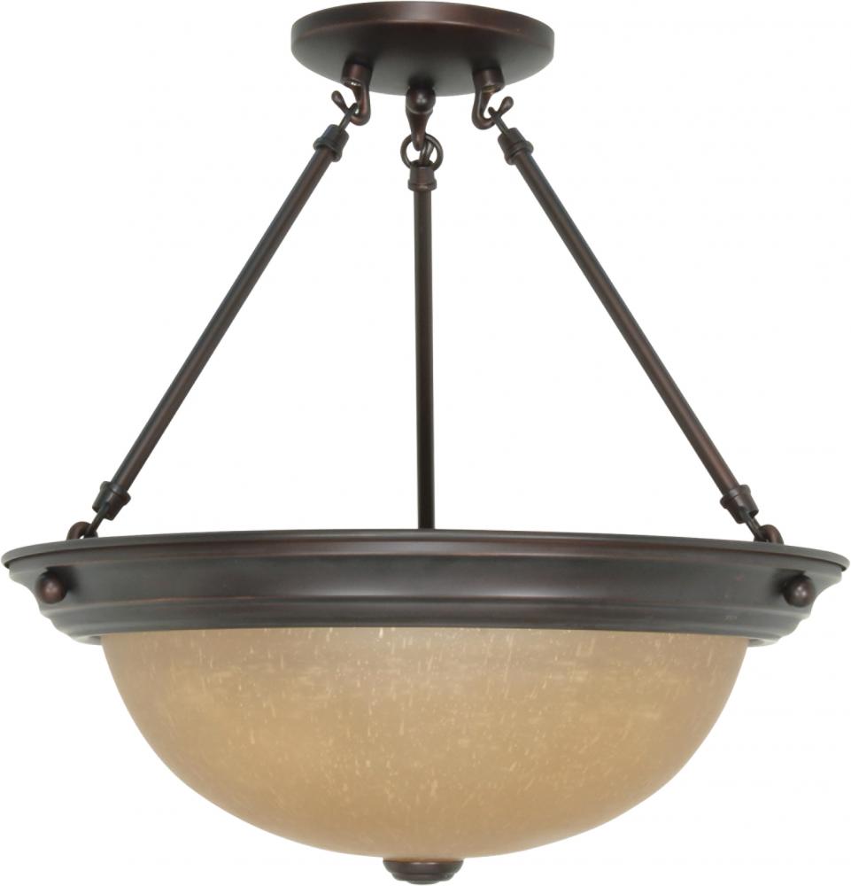 3-Light Large Dome Semi Flush Ceiling Light Fixture in Mahogany Bronze Finish with Champagne Linen