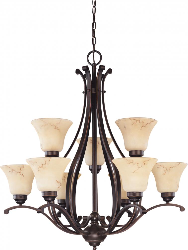 9-Light 2-Tier Chandelier in Copper Espresso Finish with Honey Marble Glass Shades