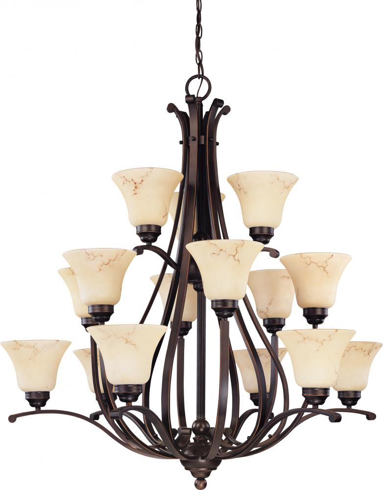 15-Light 3-Tier Chandelier in Copper Espresso Finish with Honey Marble Glass Shades