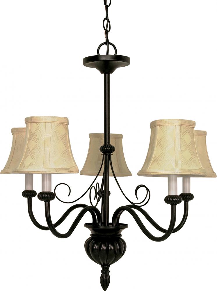 5-Light 24" Textured Black Chandelier with Ecru Diamond Shades