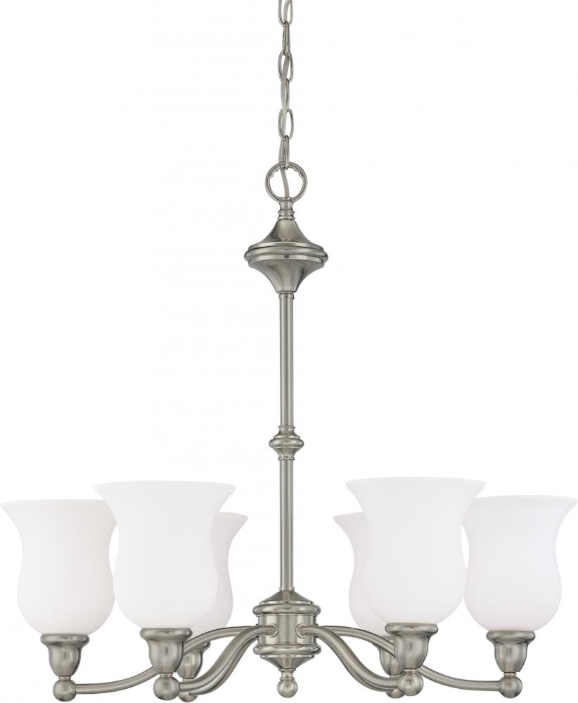 6-Light Chandelier in Brush Nickel Finish and White Satin Glass