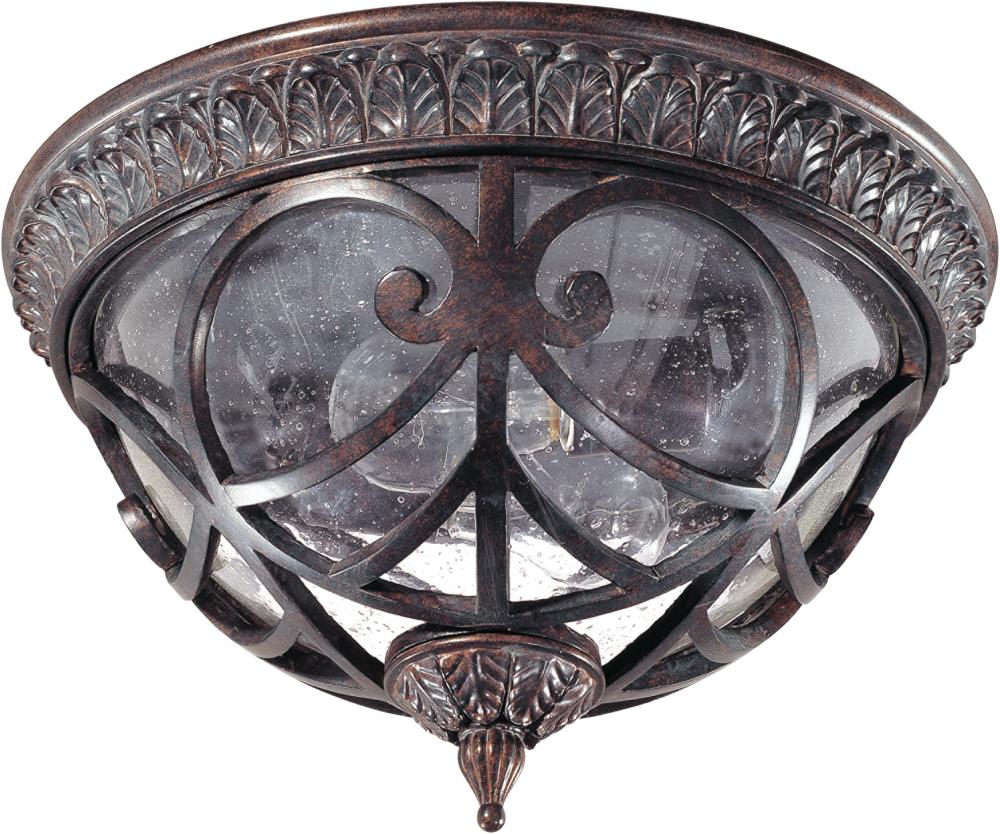 2-Light Flush Mount Outdoor Ceiling Light in Dark Plum Bronze Finish and Clear Seeded Glass