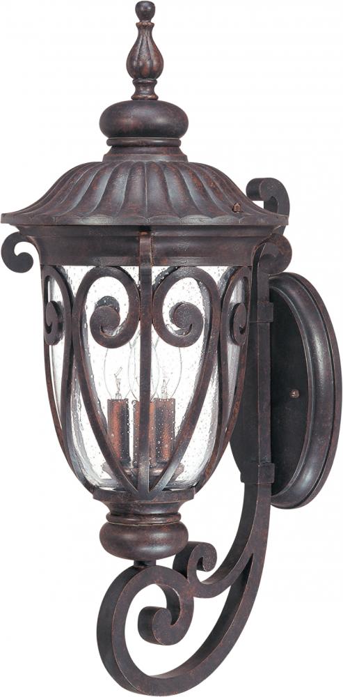 3-Light Large Outdoor Wall Lantern (Arm Down) in Burlwood Finish and Clear Seeded Glass