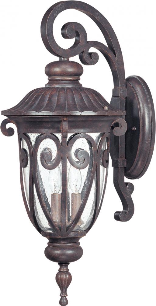 3-Light Large Outdoor Wall Lantern (Arm Down) in Burlwood Finish and Clear Seeded Glass