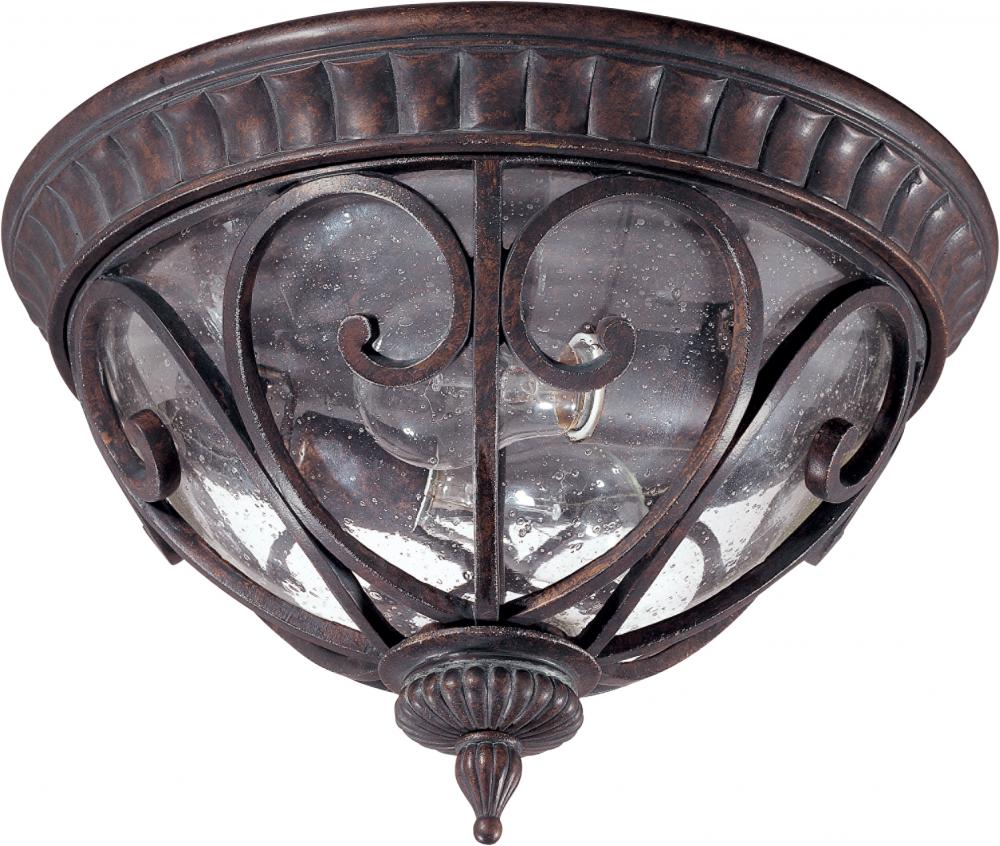 2-Light Flush Mount Outdoor Ceiling Light in Burlwood Finish and Clear Seeded Glass