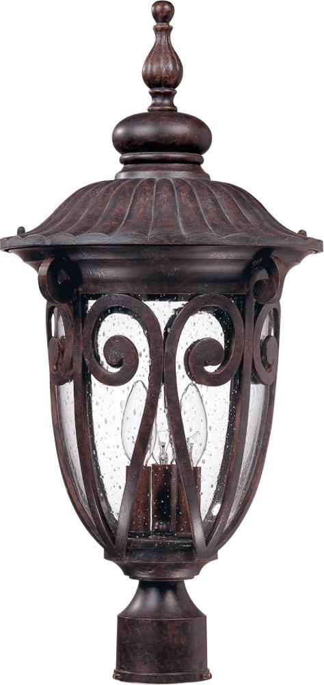 3-Light Large Outdoor Post Lantern in Burlwood Finish and Clear Seeded Glass