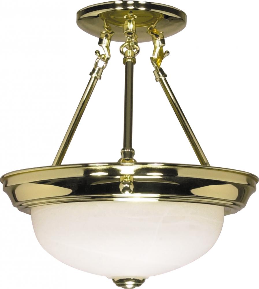 2-Light 11" Semi Flush Mount Lighting Fixture in Polished Brass Finish with Alabaster Glass